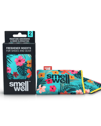 A package of SmellWell Active - Tropical Blue and 2 SmellWell Active - Tropical Blue freshener inserts bags next to it