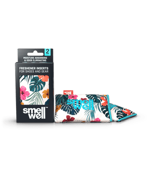 A package of SmellWell Active - Hawaii Floral and 2 SmellWell Active - Hawaii Floral freshener inserts bags next to it